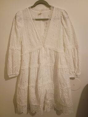 Like Love Women's White Eyelet Mini Baby Doll Dress with Embroidered Trim Sz S